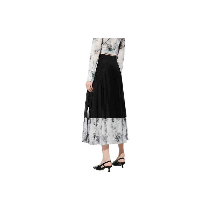 PEACEBIRD x Daria Song Casual Long Skirt Women's Gray Pattern-3