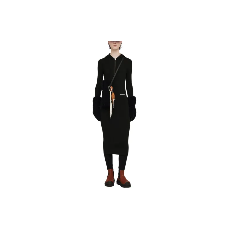 JIL SANDER + Long Sleeved Ribbed Knitted Hooded Midi Dress-1