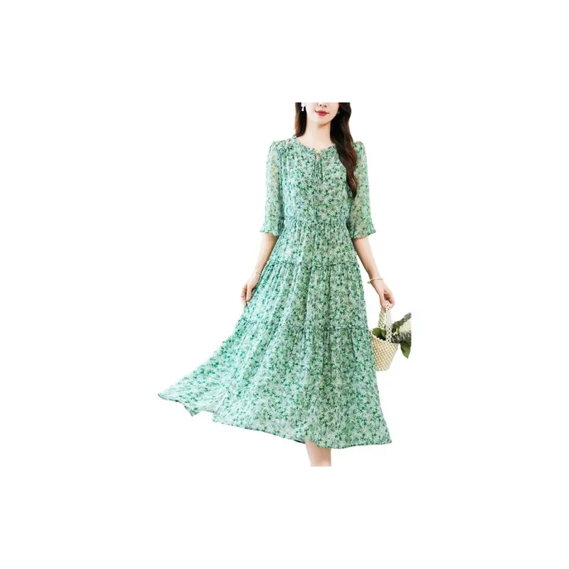Yi Mengyuan Silk Long Sleeved Dress Women's Green-3