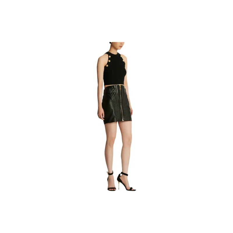BALMAIN Leather Short Skirts Women's Black-3