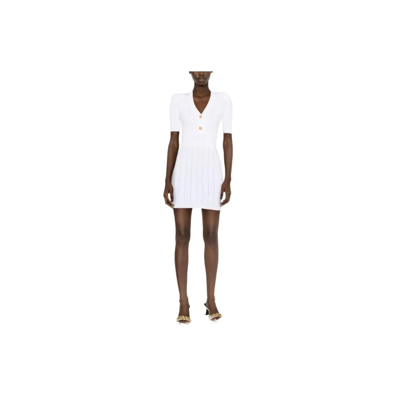 BALMAIN Short Sleeved Dresses Women's White-1
