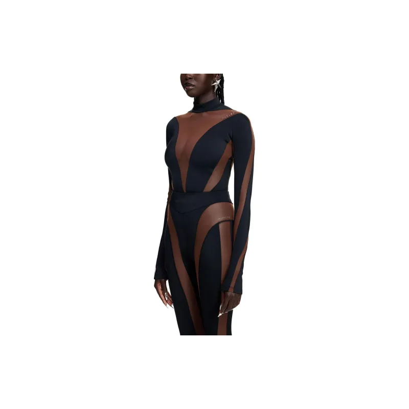 Mugler H&M Mesh Paneled Bodysuit Dark Brown/Black-2
