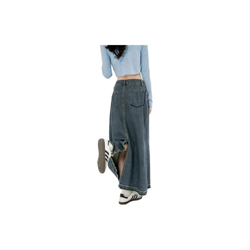 Weixi Denim Long Skirts Women's Vintage Blue-3