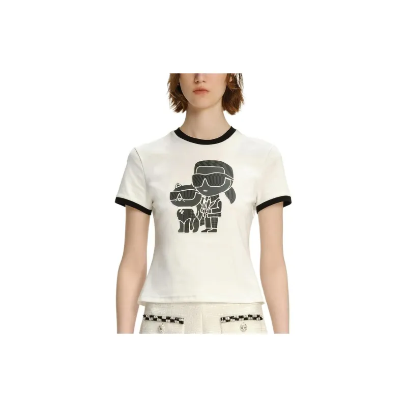 KARL LAGERFELD Logo Print Crew Neck Slim Fit Cropped Short Sleeved T Shirt T Shirt Women's White-3