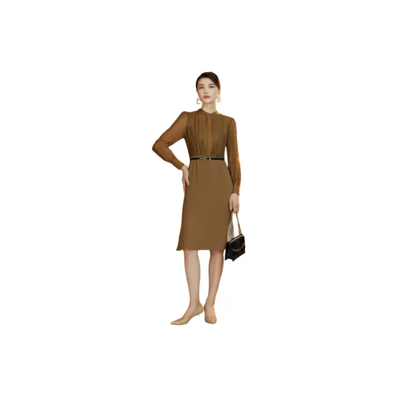 BBLLUUEE Long Sleeved Dress Women's Elegant Camel-1