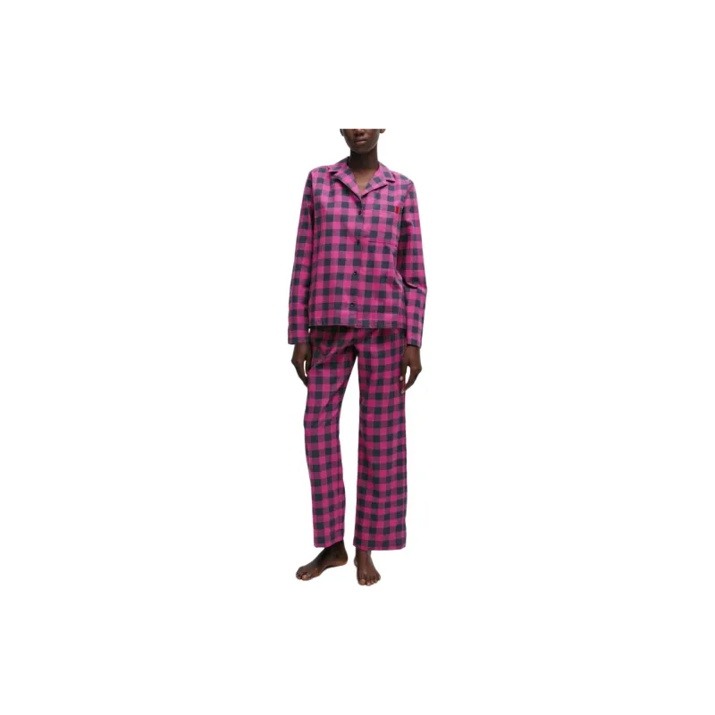 HUGO BOSS SS24 Drawstring Pajama Bottoms In Checked Cotton Flannel Casual Pants Women's Pink-1