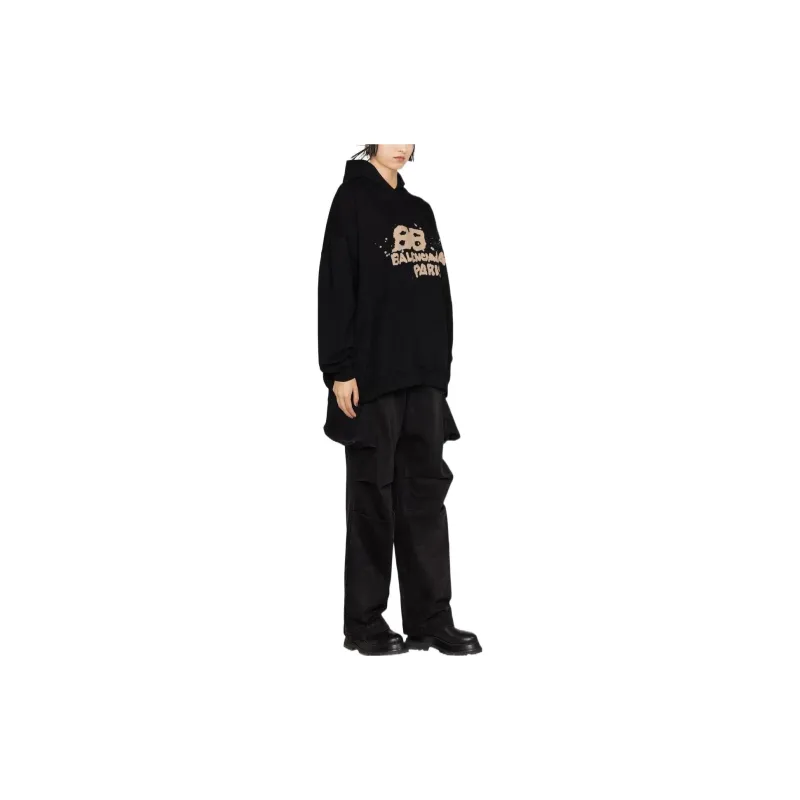 Balenciaga Hand Drawn Bb Icon Large Fit Hoodie Black-4