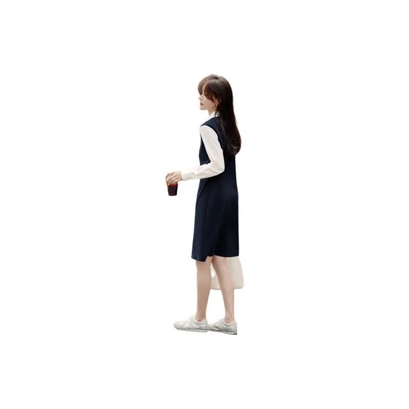 Mo Han Yi Mei Long Sleeved Dresses Women's Navy Blue & White-1