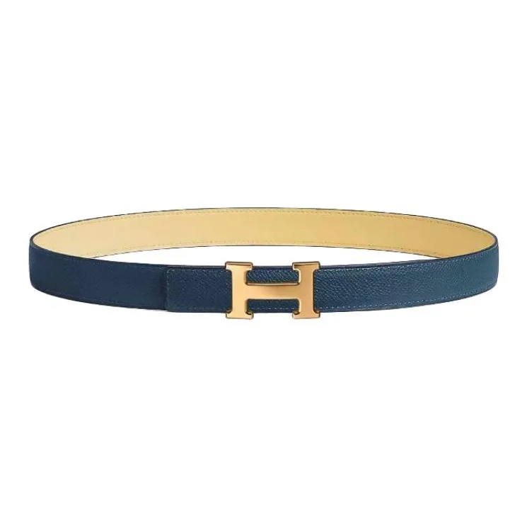 HERMES Gold Leather Belts Unisex Chick Yellow/Navy Width: 2.4cm-1