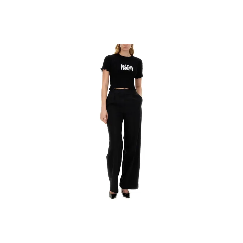 MSGM Logo Printed Smocked Cropped Top-2