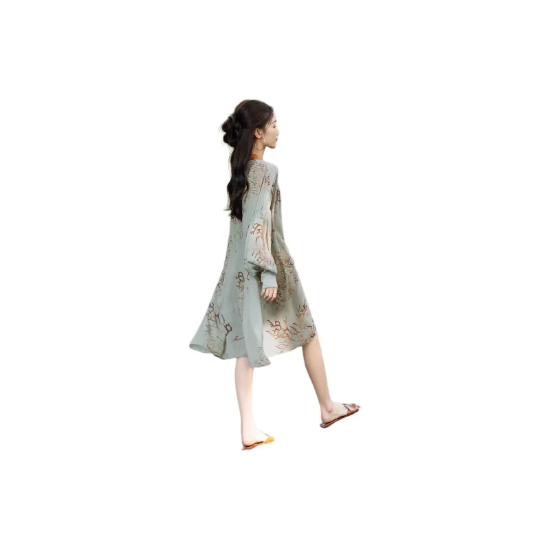 【dme】 Long Sleeved Dress Women's Gray Blue-1