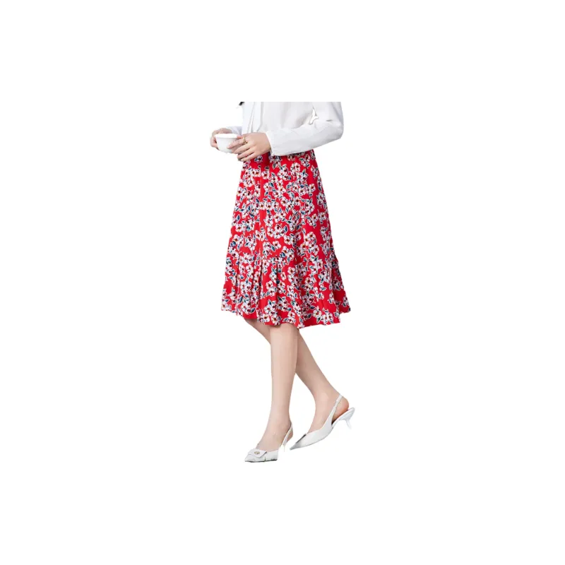 H-YXIANG Casual Long Skirts Women's Red Background With Flowers-3