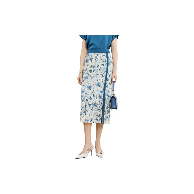 Yan Domain Casual Long Skirts Women's Blue Flower-1