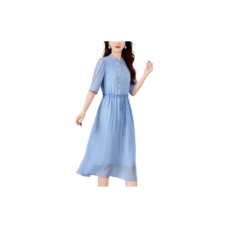 Yi Mengyuan Lace Up Silk Short Sleeved Dress Women's-3