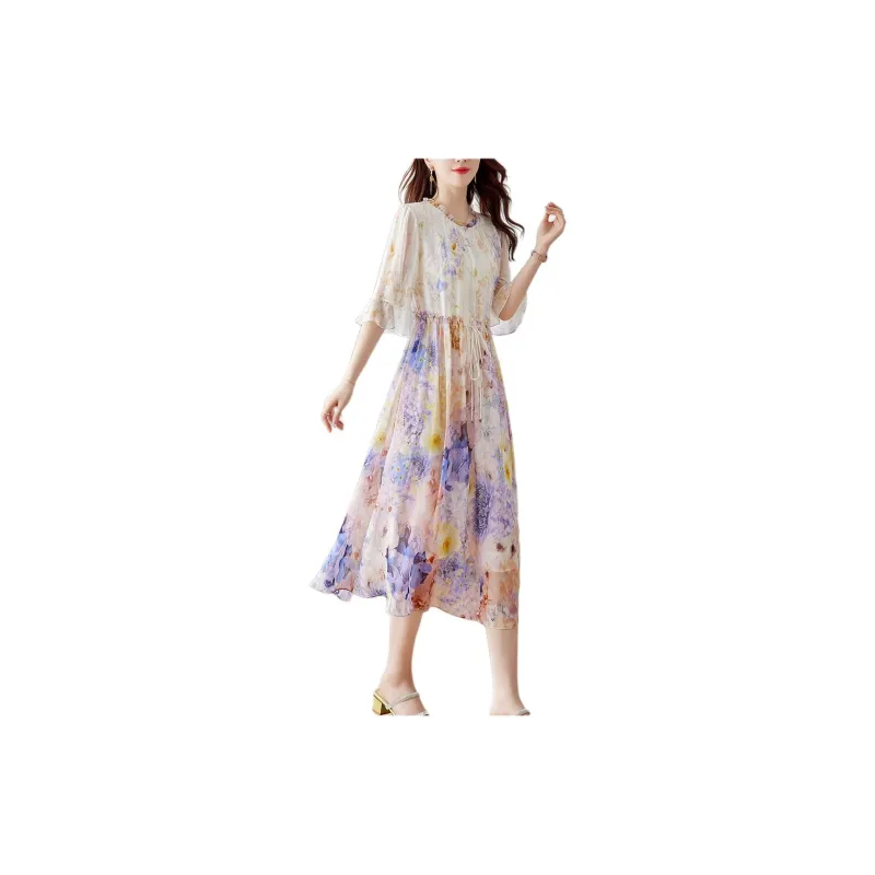 Yi Mengyuan Lace Up Silk Short Sleeved Dress Women's Yellow-4