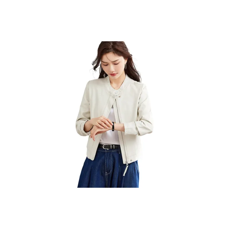 TERRE BLEUE Leather Jacket Women's Beige-2