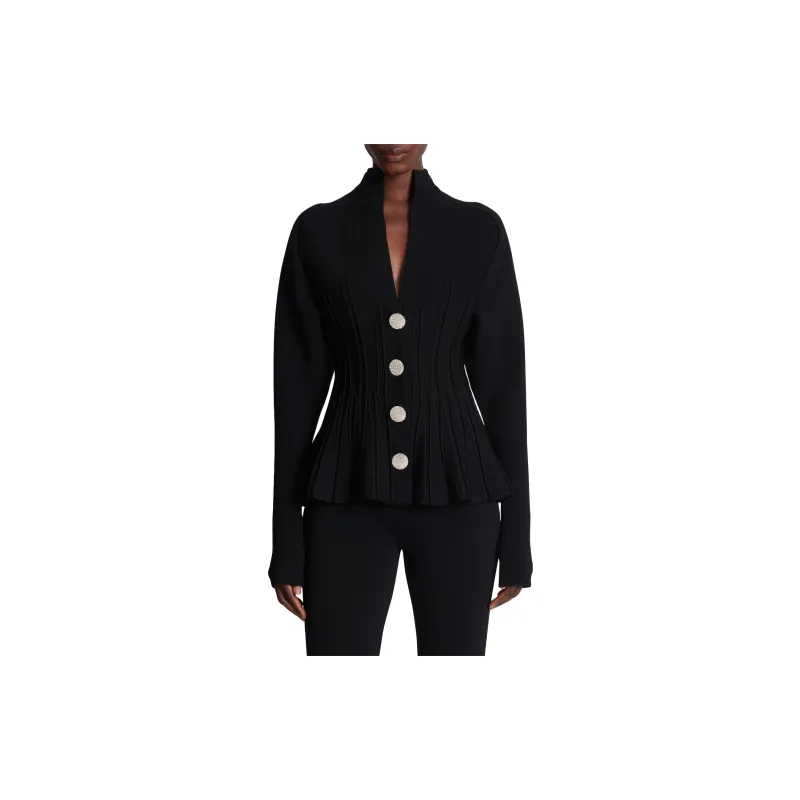 BALMAIN Ribbed Knit Peplum Cardigan-5