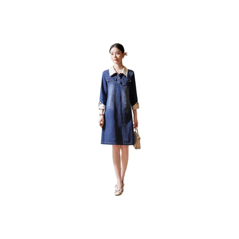Hang Yi Court Long Sleeved Dress Women's Denim Blue-1