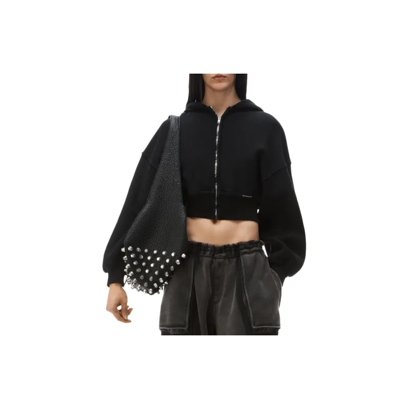 T By Alexander Wang Branded Seam Label Cropped Zip Up Hoodie Faded Black-1