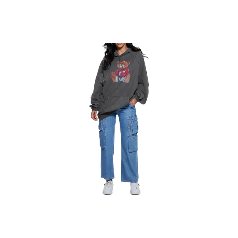 GUESS Washed Oversize Hoodie Sweatshirt Women's Gray-3