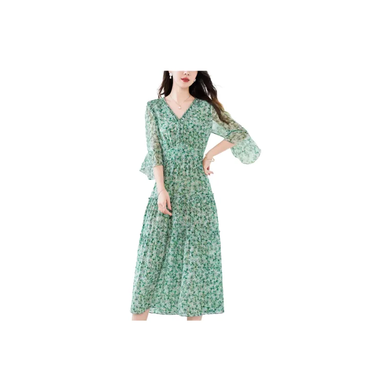 Yi Mengyuan Silk Long Sleeved Dress Women's Green-5