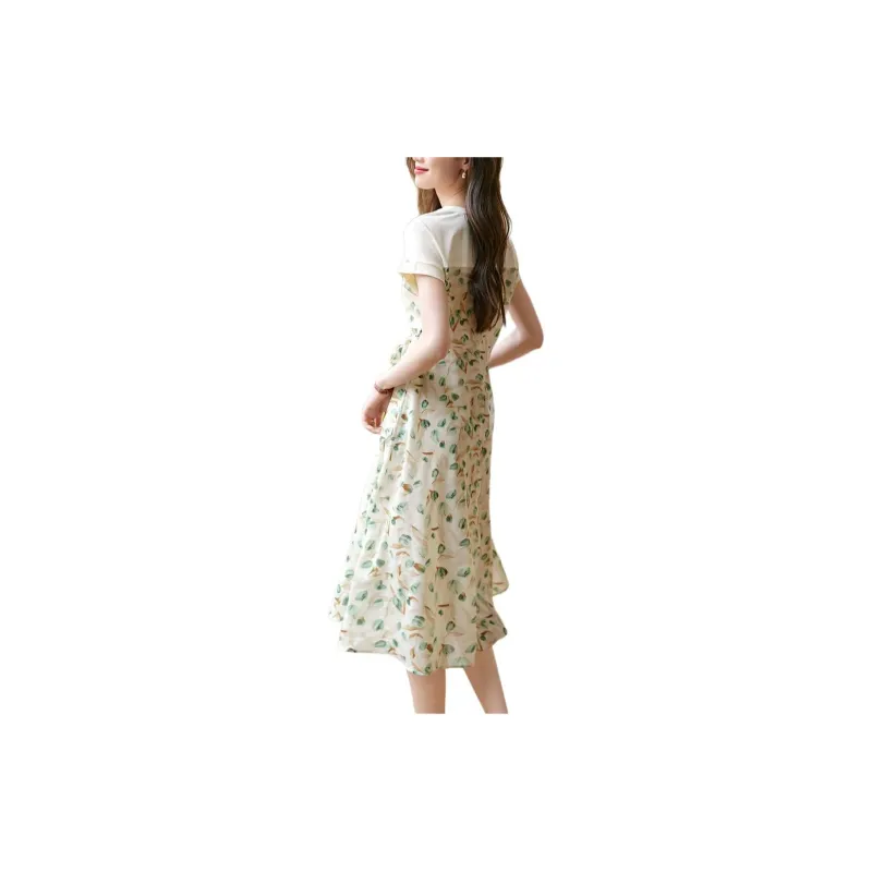 Mo Han Yi Mei Short Sleeved Dress Women's Yellow With Green Floral-1