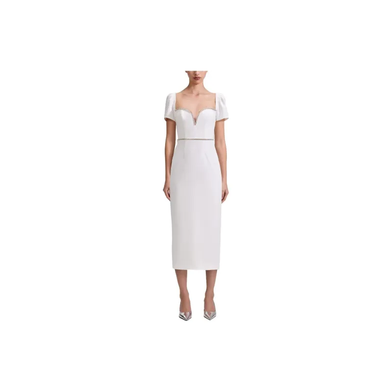 Self portrait White Diamante Trim Split Crepe Midi Dress-2