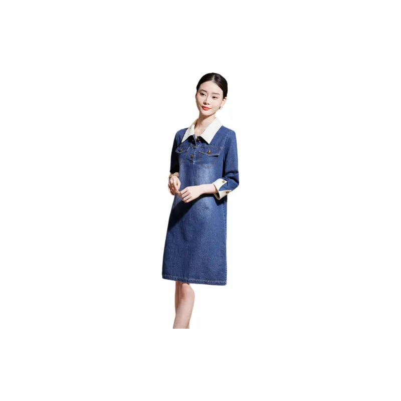 Hang Yi Court Long Sleeved Dress Women's Denim Blue-3