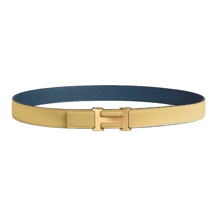 HERMES Gold Leather Belts Unisex Chick Yellow/Navy Width: 2.4cm-0