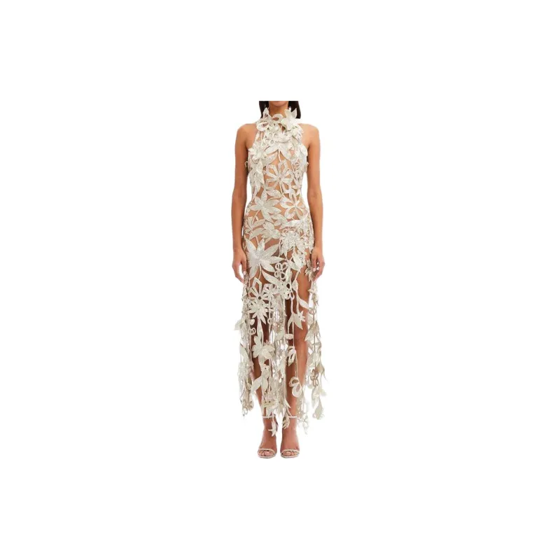 Oscar De La Renta Floral Bead-embellished Halterneck Gown-1