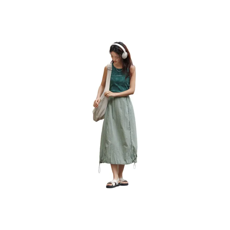 【dme】 Casual Long Skirts Women's Gray Pea Green-2