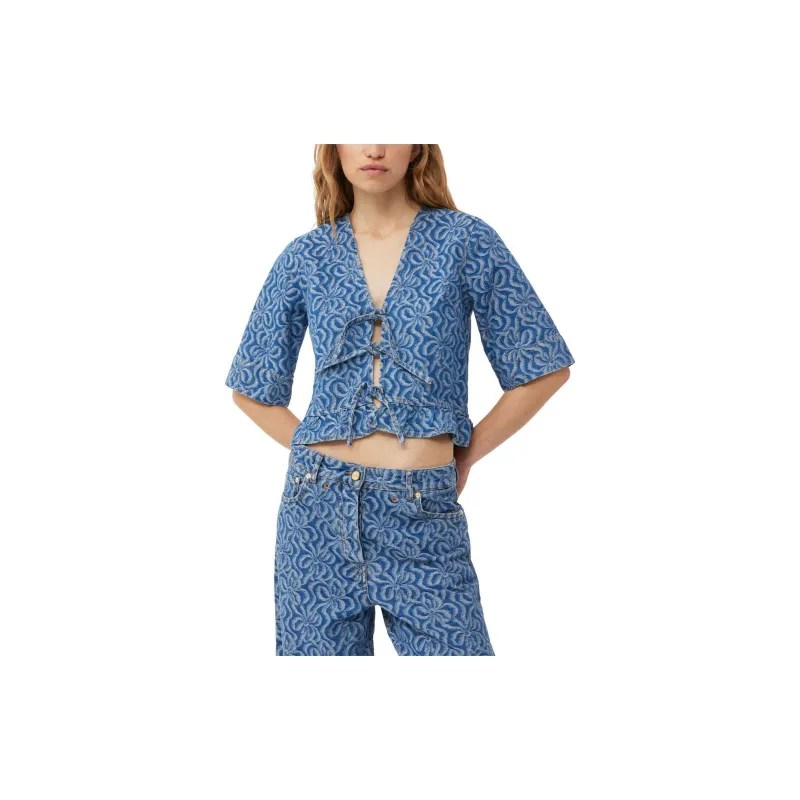 GANNI Acquard Denim Flounce Tie Blouse Shirt Women's Blue-3
