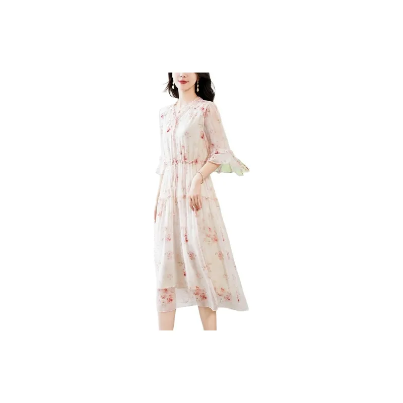 Yi Mengyuan Silk Long Sleeved Dress Women's Pink-3
