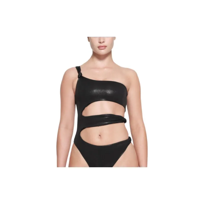 SKIMS LIQUID SHINE SWIM KNOTTED ONE SHOULDER MONOKINI One-piece Swimsuit Women's ONYX/Onyx-1