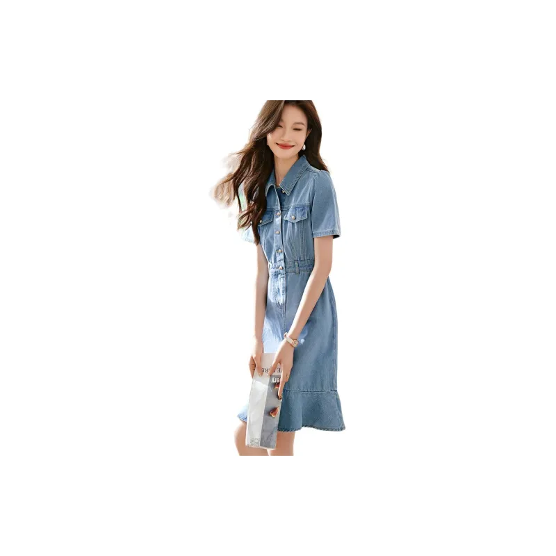 Mo Han Yi Mei Short Sleeved Dress Women's Denim Blue-1