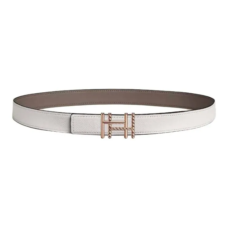 HERMES Brass-Plated Leather Belts Unisex Taupe/White Width: 2.4cm-1