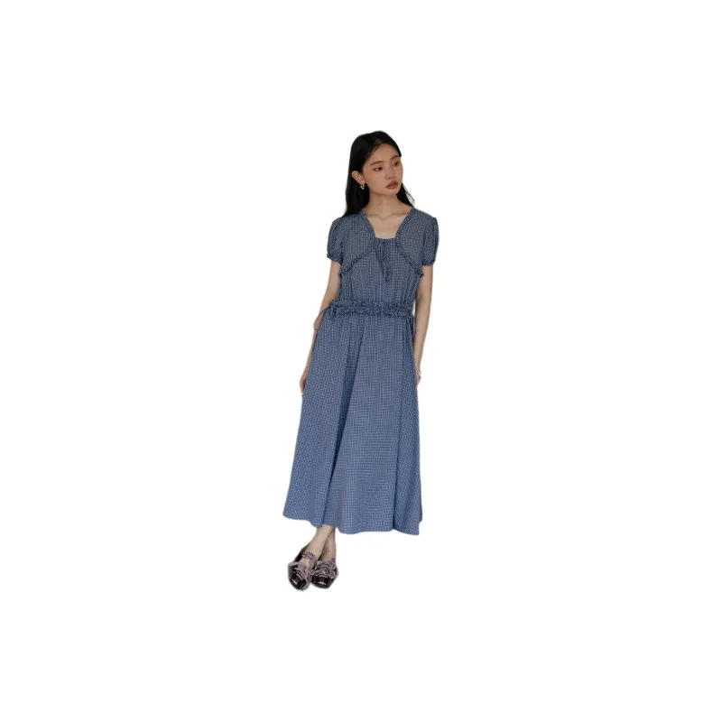 BLUEerror SS24 Short Sleeved Dress Women's Vintage Purple Plaid-1