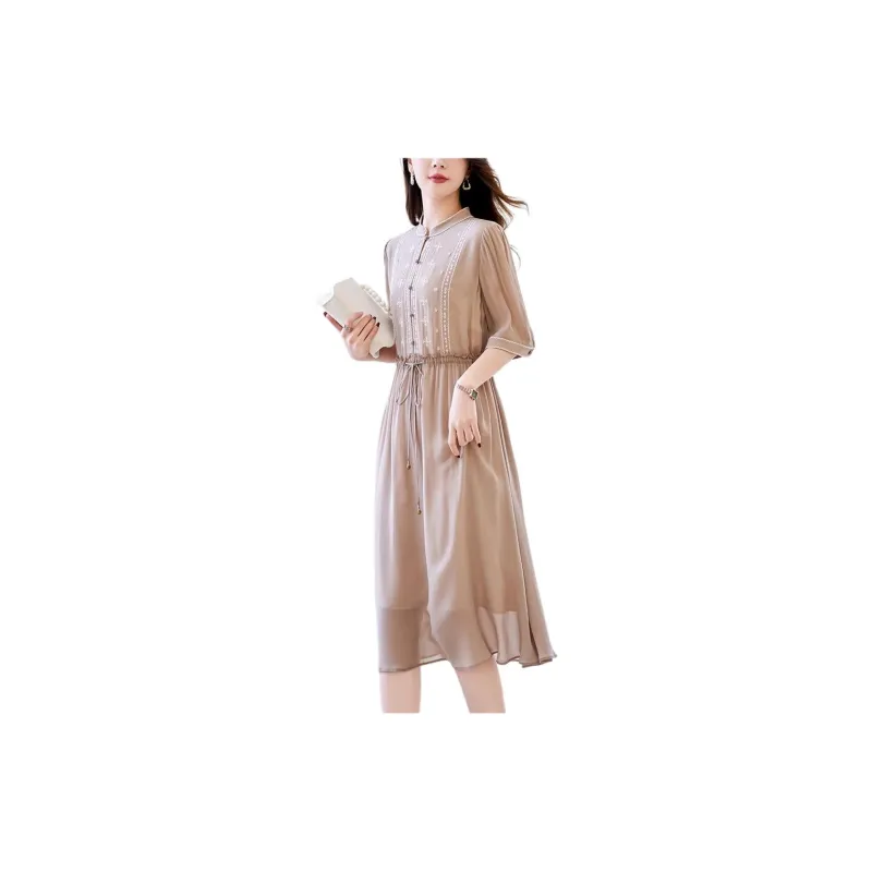 Yi Mengyuan Lace Up Silk Short Sleeved Dress Women's-9