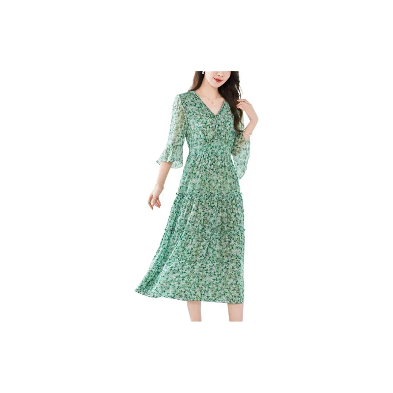 Yi Mengyuan Silk Long Sleeved Dress Women's Green-6