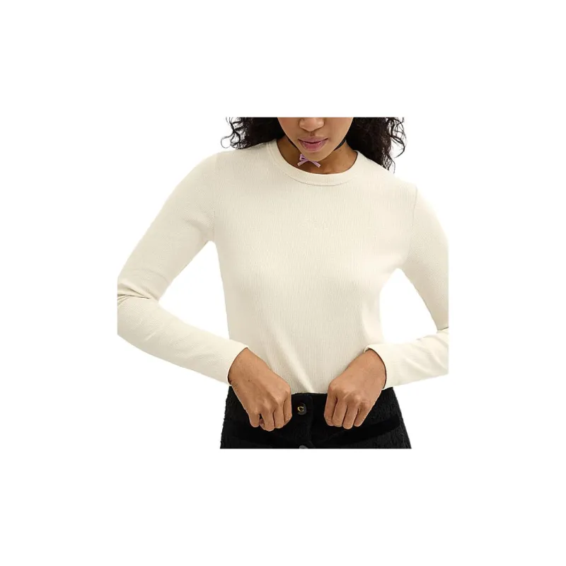 COACH Solid Color Logo Embroidery Ribbed Long Sleeved T Shirt Women's White-3