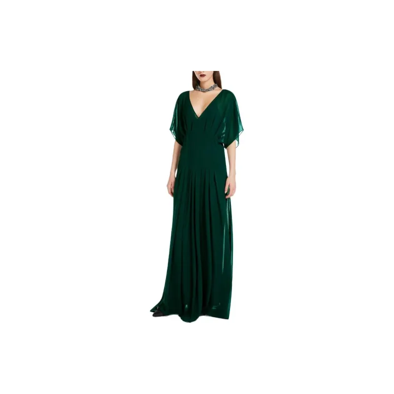 MaxMara Studio Murge Collection Long Silk Georgette Dress Short Sleeved Dresses Women's Dark Green-3