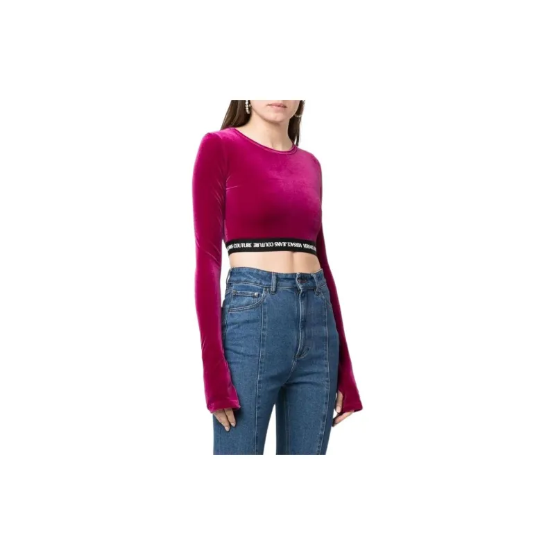 VERSACE JEANS COUTURE Logo waistband Cropped Velvet Top-3