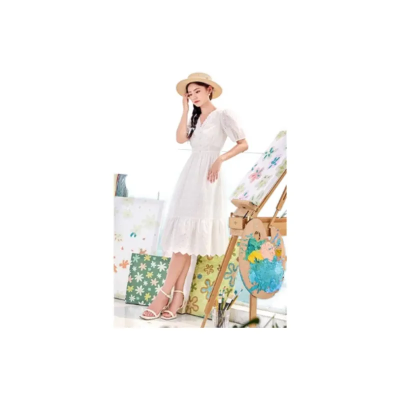 XIANGYING Short Sleeved Dress Women's White-3