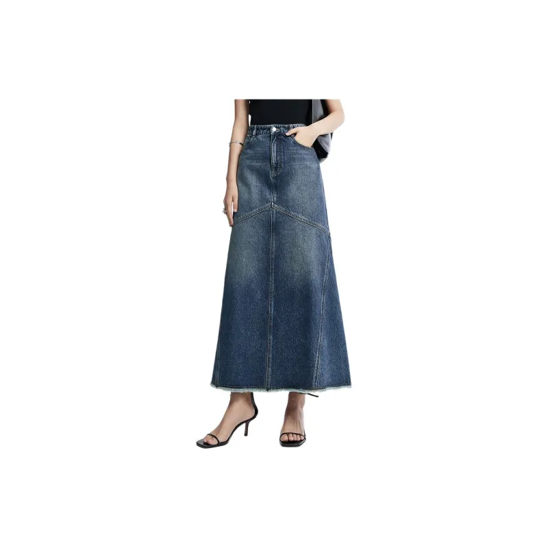 Roselingling Denim Long Skirts Women's Denim Blue-3