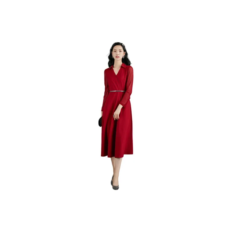 BBLLUUEE Long Sleeved Dress Women's Burgundy-3