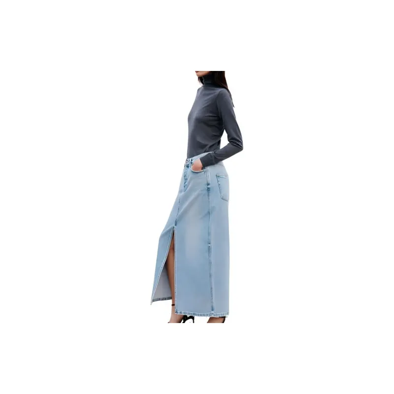ZARA Denim Long Skirts Women's Light Blue-4