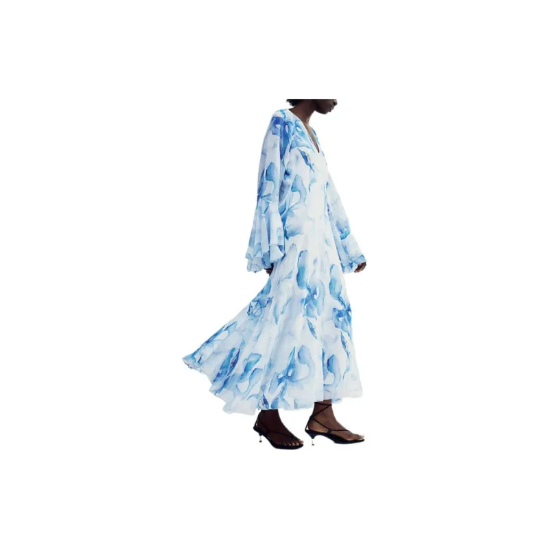 H&M Long-Sleeved Dresses Women's Light Blue/Floral-1