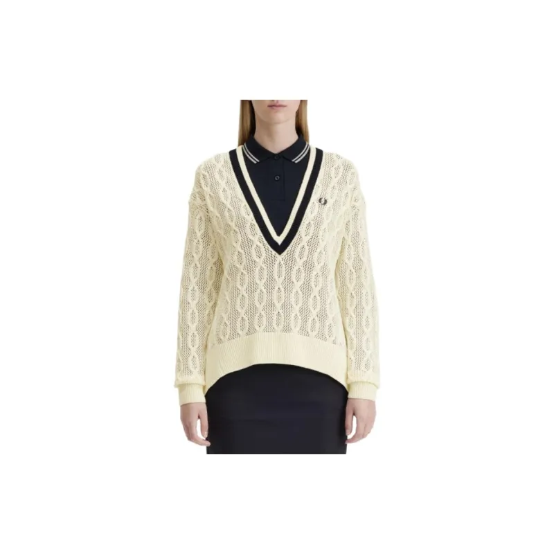 FRED PERRY Open Knit V Neck Jumper Sweater Women's Light Yellow-2