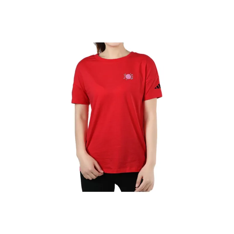 Adidas Drop Shoulder Sleeve T Shirt Women's Red-2