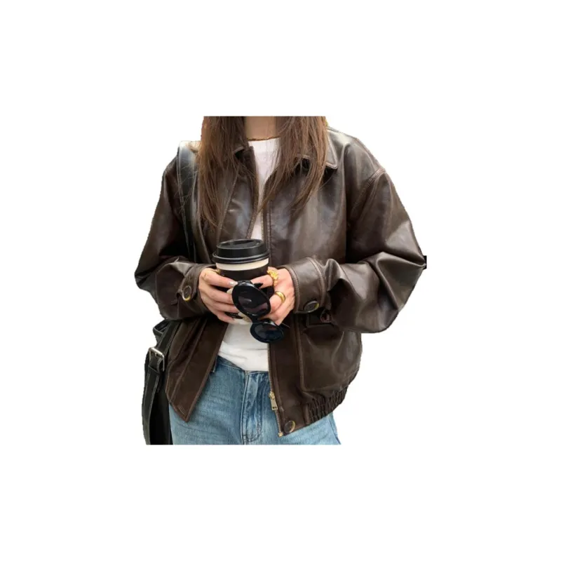 Little pull Leather Jackets Women's Coffee-1